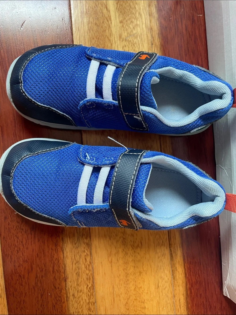 See Kai Run Boys Blue and Black Mesh Sneaker with Orange Pull Tab